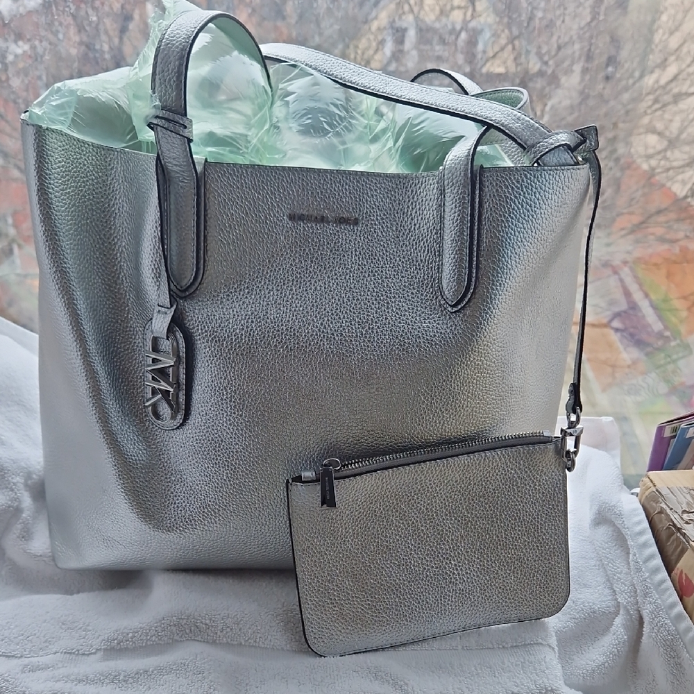 Silver Tote Bag  Riversible with Pouch